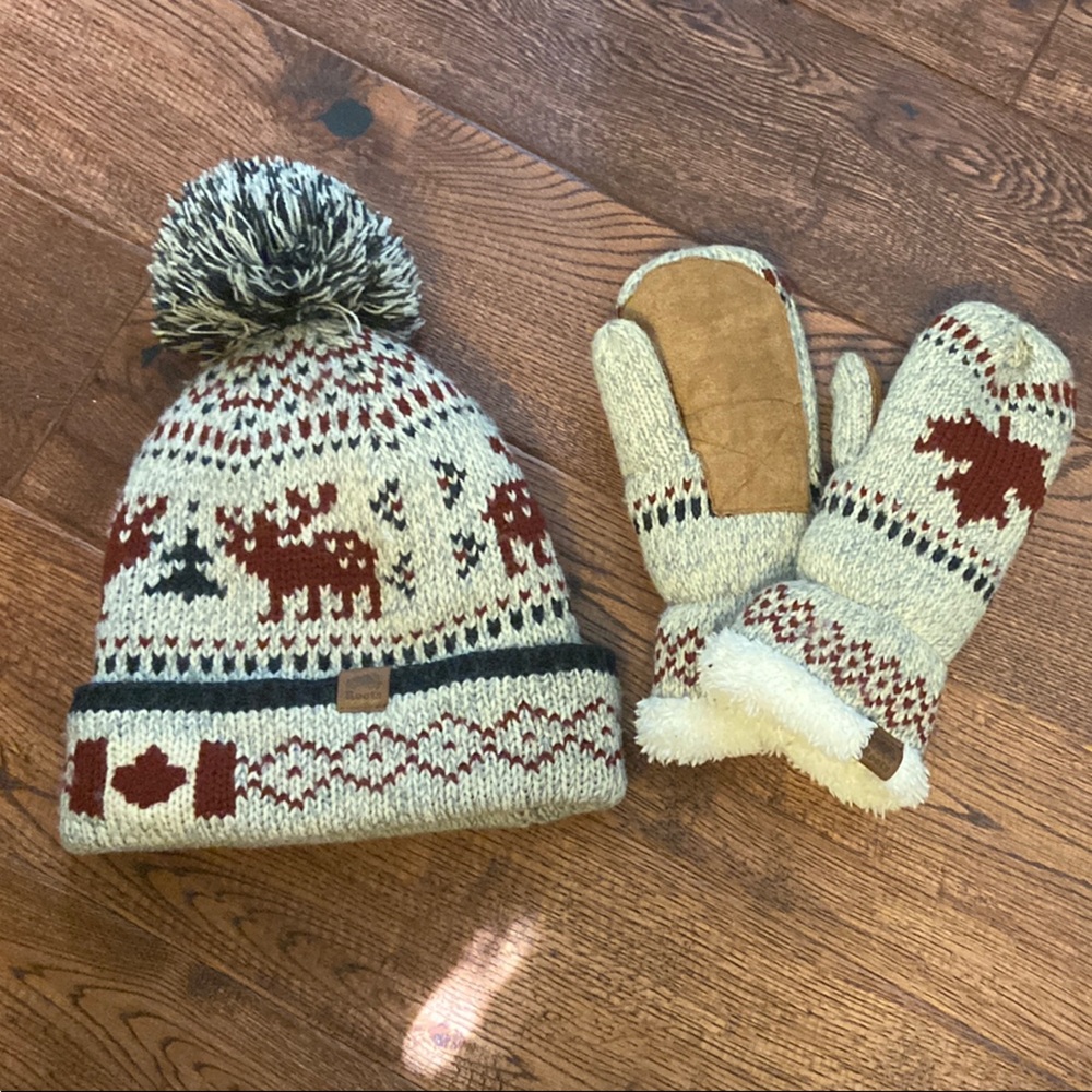 Roots Kids Knit Hat and Mittens Set - Cream and Brown